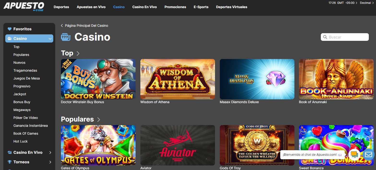 Sección de juegos de casino en Apuesto.com